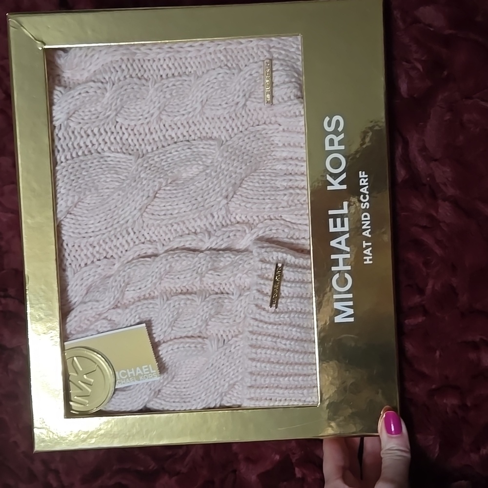 Pink Michael Kors hat and scarf set